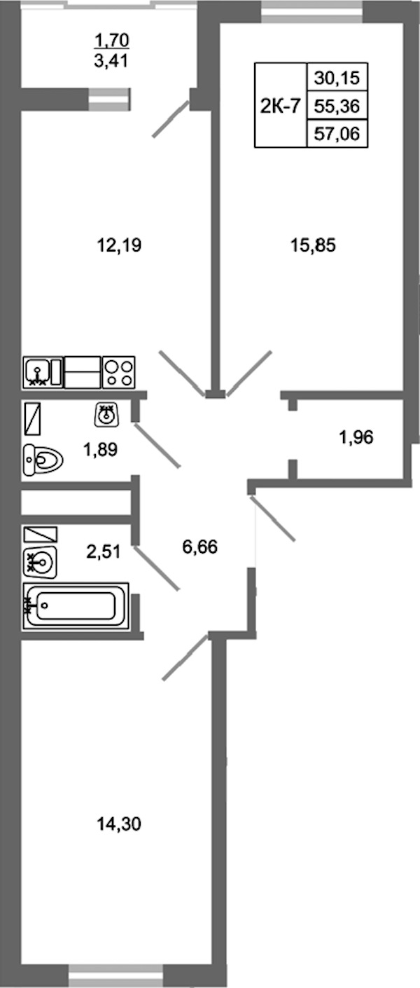 2-комнатная квартира 57.06 м², 17/17 эт., ЖК «Стороны Света 2»